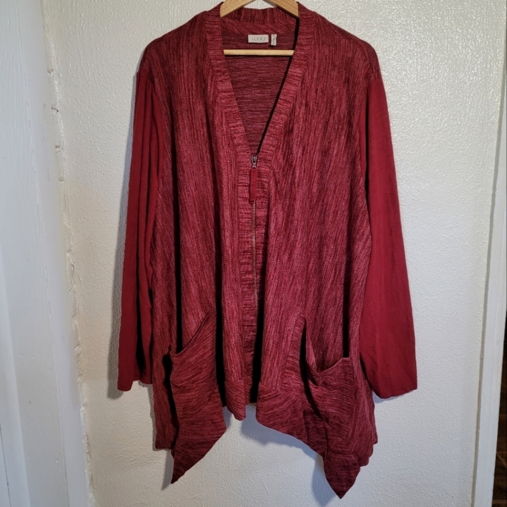 Logo Asymmetrical Lagenlook Mixed Media Cardigan Jacket size 3X Maroon